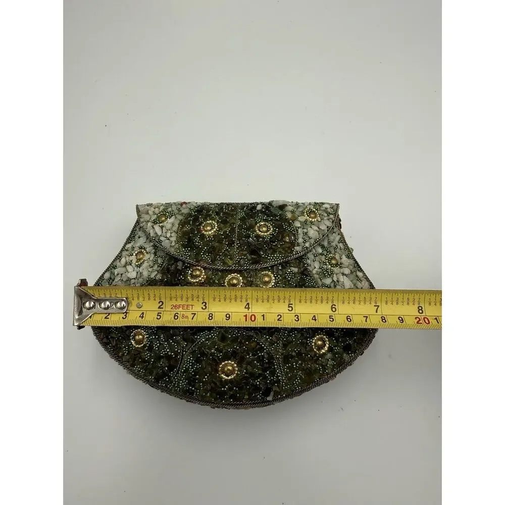 Vintage Mosaic Stone Hard Shell Evening Clutch Bag Green Quartz Beaded Purse